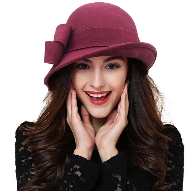 Women's Winter Fashion Hat - Formal Headwear with Asymmetric Bowknot - 100% Wool Felt