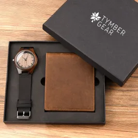 Wood Watch & Leather Bi-Fold Wallet Set