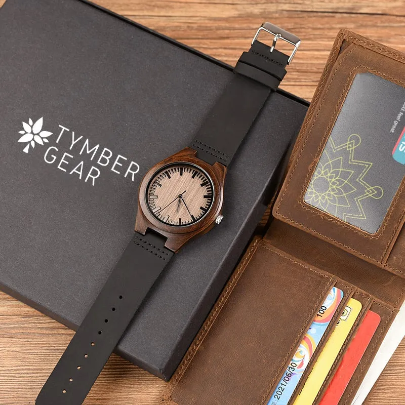 Wood Watch & Leather Bi-Fold Wallet Set