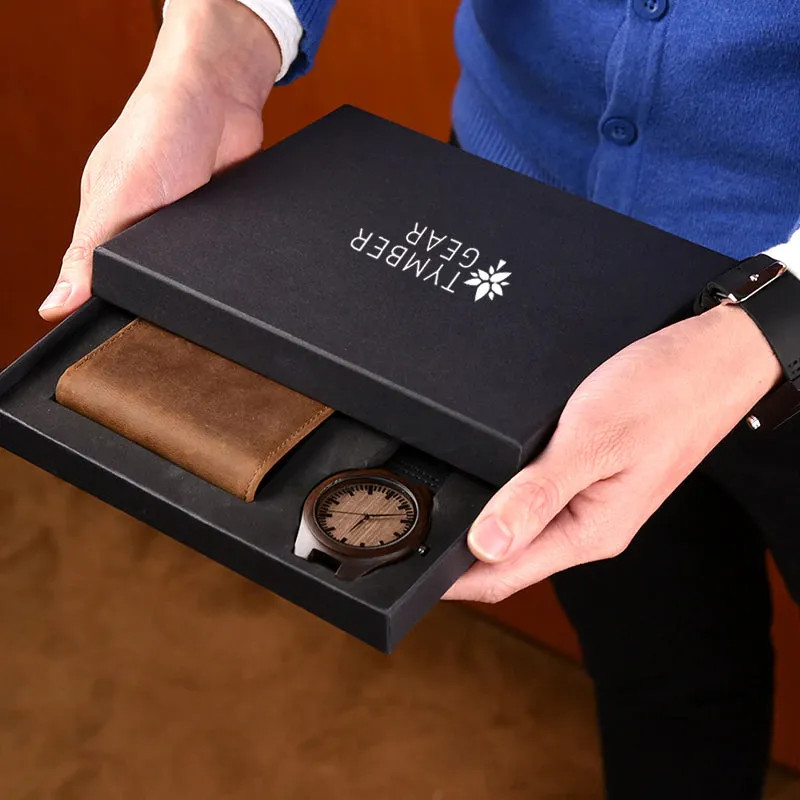 Wood Watch & Leather Bi-Fold Wallet Set