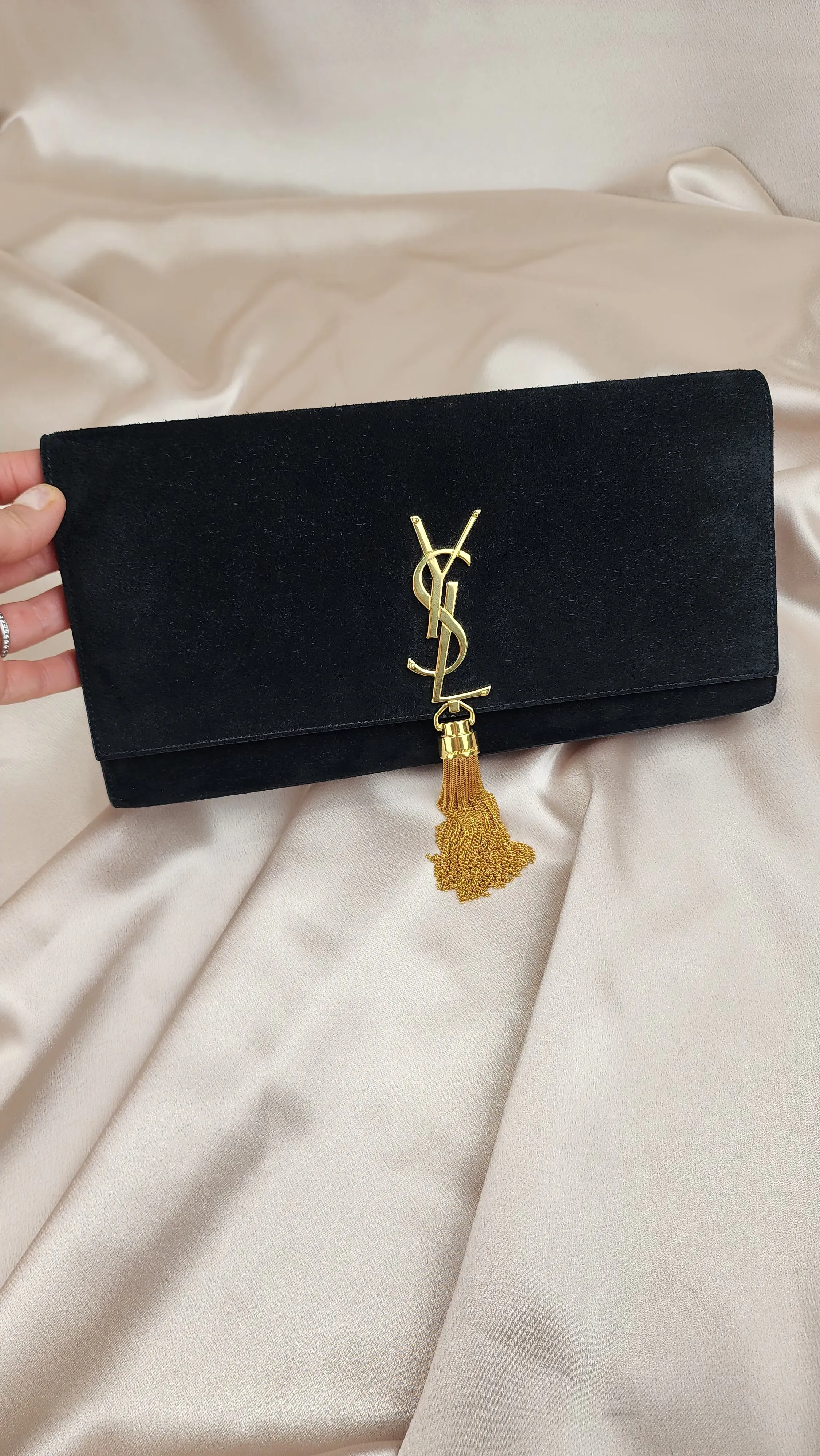 YSL Black Suede Tassel Clutch