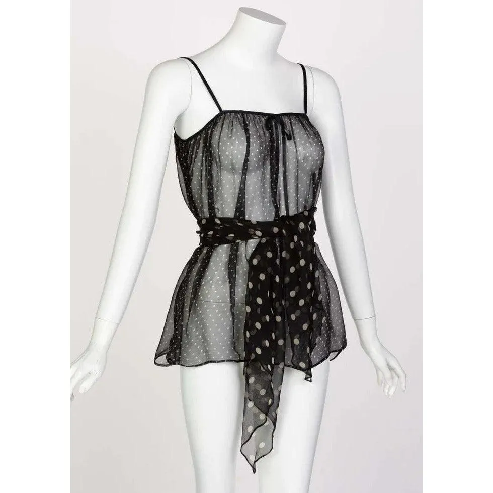 YVES SAINT LAURENT Black Chiffon Polka Dot Camisole Top Ysl, 1980s